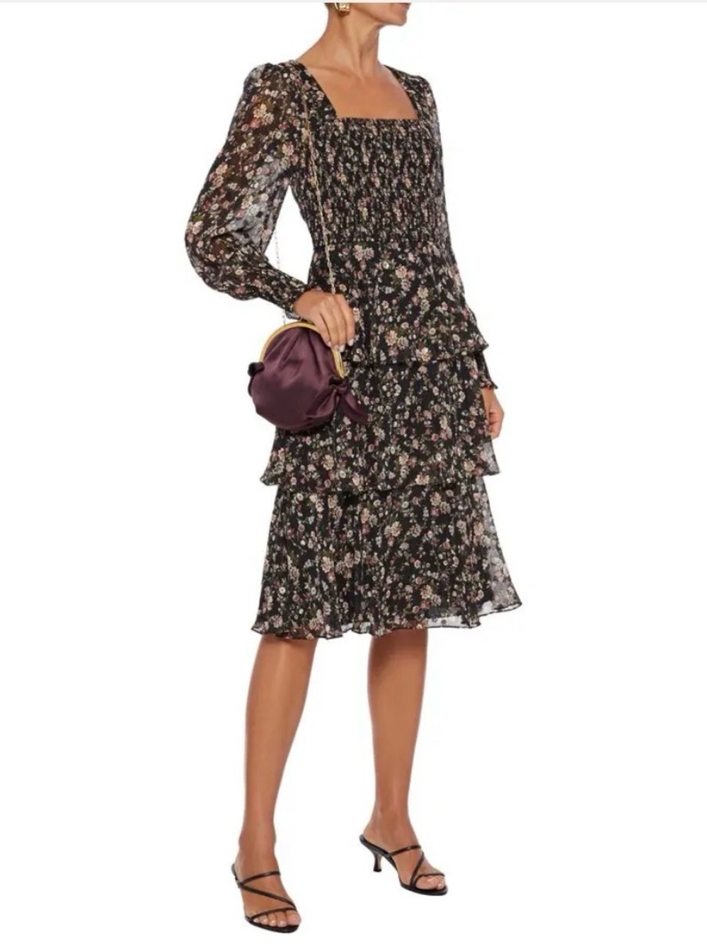 Mikael Aghal Black Floral Dress Metallic Fil Coupé Smocked Tiered Midi Size 4